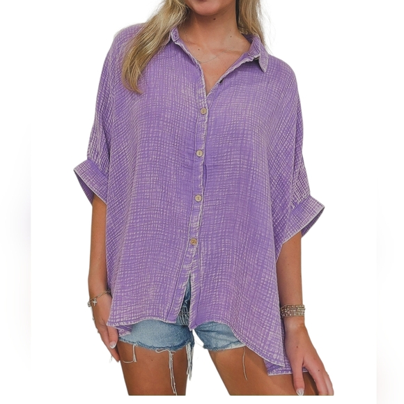 Zenana Outfitters Tops - New Zenana Purple Gauze Button Up Top Size L XL